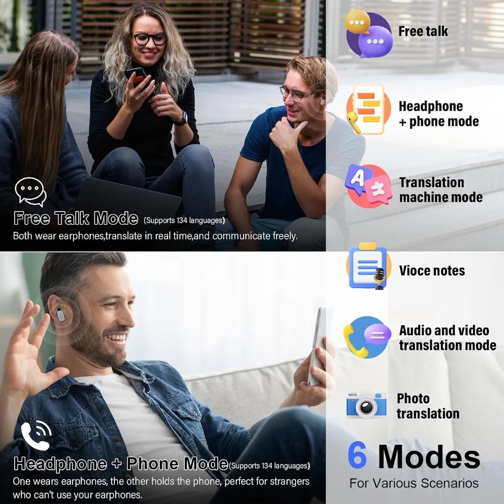 Real-Time 164-Lang Translation Earbuds: 3-in-1 Headphones with 6 Modes for Travel, Business, and Learning